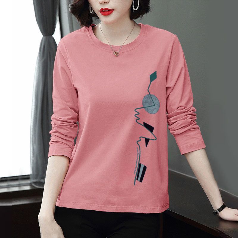 棉长袖t恤女秋装百搭宽松大码胖mm上衣体恤韩版印花t恤宽松