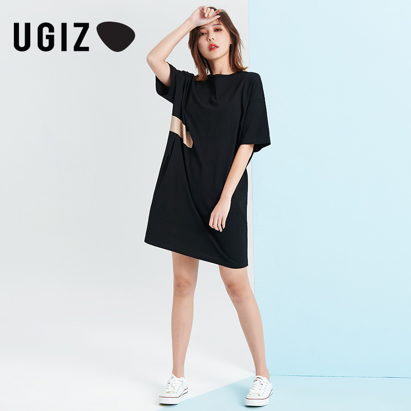 ugiz2020夏季新品韩版女装t裙中长款简约圆领修身连衣裙ubld503
