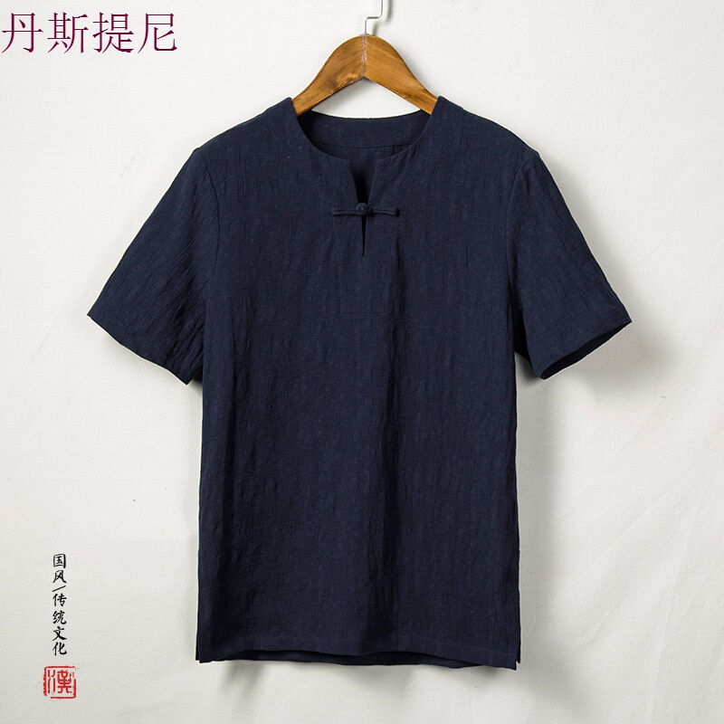 中国风男装亚麻料短袖T恤刺绣花V领宽松棉复古中式唐装上衣夏