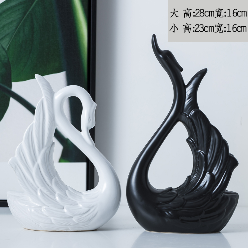 现代简约家居摆件装饰品创意天鹅酒柜玄关电视柜摆件陶瓷工艺品 三维工匠 比翼天鹅哑光(一套价)