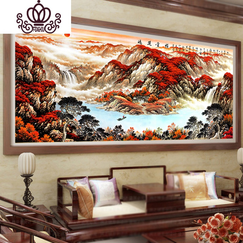 封后5d钻石画满钻石绣鸿运当头十字绣流水生财大幅客厅风景山 [满钻版]5D魔方圆钻180x70厘米[满钻全贴更漂亮]送全