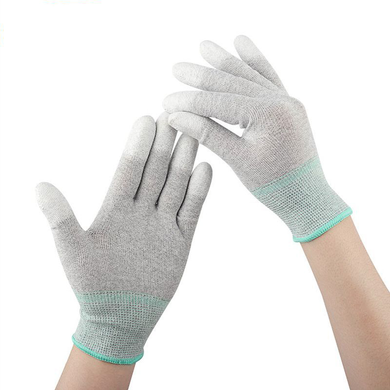 豫亨 施工防护手部手套碳纤维PU涂掌防静电劳保手套耐磨浸胶涂指电子无尘透气纯棉手套保洁手套 碳纤维PU涂手指防静电（10双装）