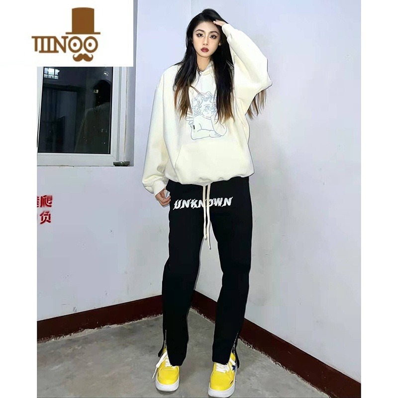 YANXU毛巾刺绣潮牌运动裤女男宽松卫裤开叉直筒裤显瘦百搭休闲长裤子秋
