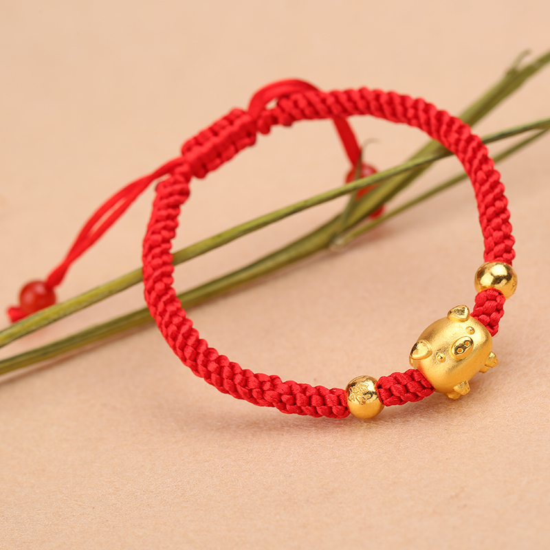 印象眸手工编织金猪手链男女款黄金珠情侣十二生肖黄金配饰萌猪手链