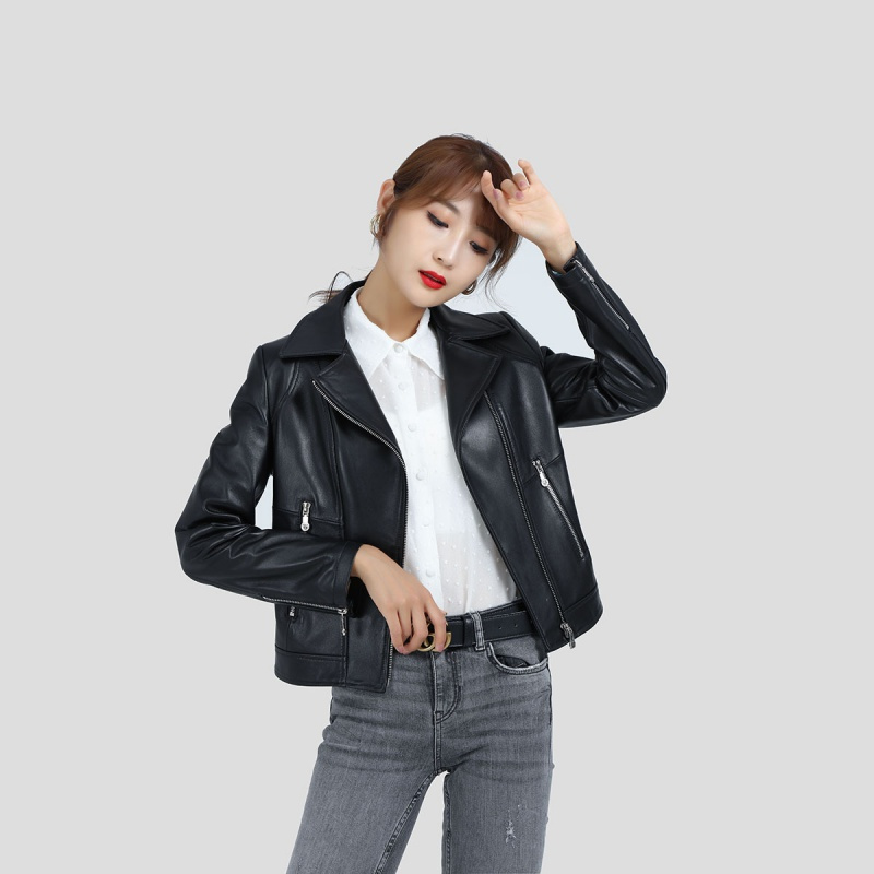 举翼王子真皮绵羊皮机车服秋冬皮夹克女士翻领真皮皮衣外套短款女