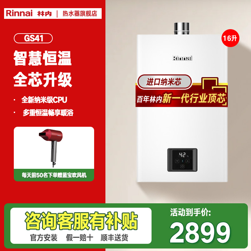 林内/Rinnai 16升燃气热水器16GS41(JSQ31-GS41)智能变频恒温水气双调防风防冻 小蛮腰