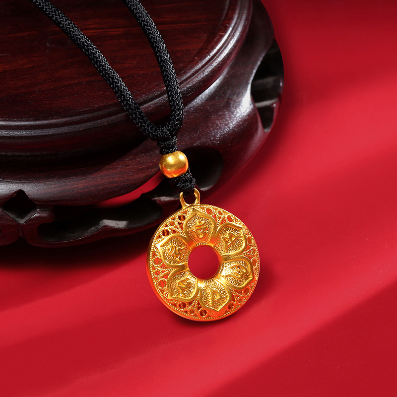 新金珠宝古法金六字吊坠真言六字大明咒足金挂坠黄金平安扣项坠1042