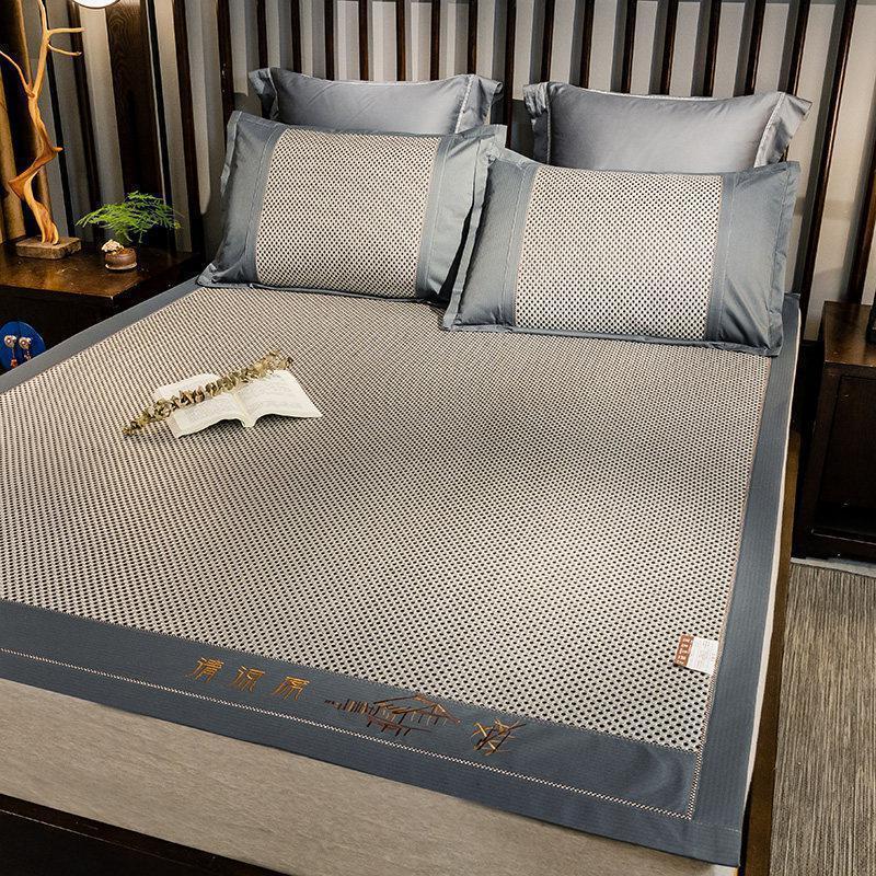 美帮汇凉席1.5米1.8m床单人藤席夏季冰丝软席子可折叠夏凉席三件套2米 全季绣花藤席(琉璃-烟灰) 1.5m（5英尺）床