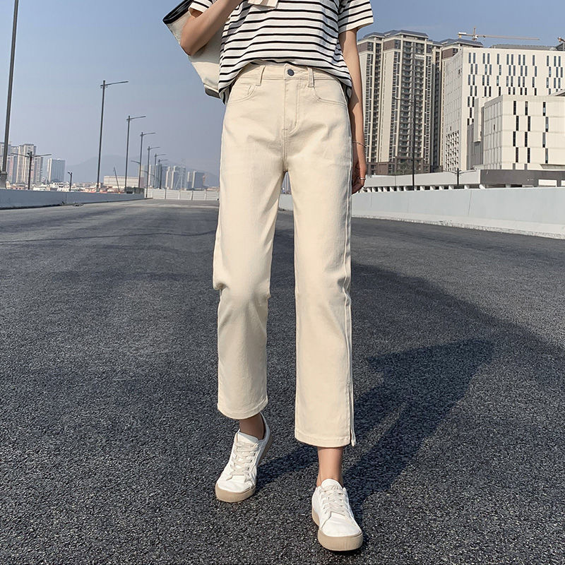 miffy/米菲米白色牛仔裤女直筒宽松高腰显瘦萝卜老爹裤开叉九分裤