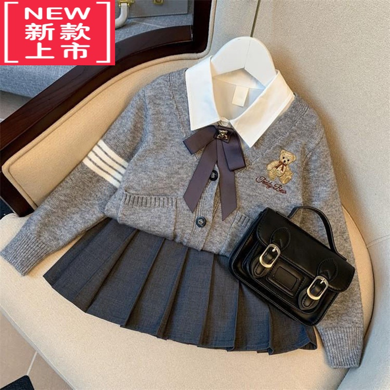 可莉允女童毛衣套装裙子2022新款儿童装学院风小女孩衣服三件套洋气时髦