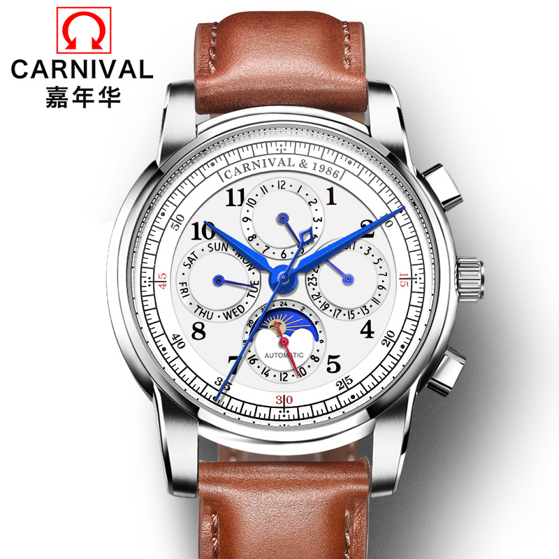 瑞士嘉年华Carnival新款手表男全自动机械表 男表多功能真皮带防水复古休闲时尚商务腕表潮流六针皮表带升级8781-1高清大图