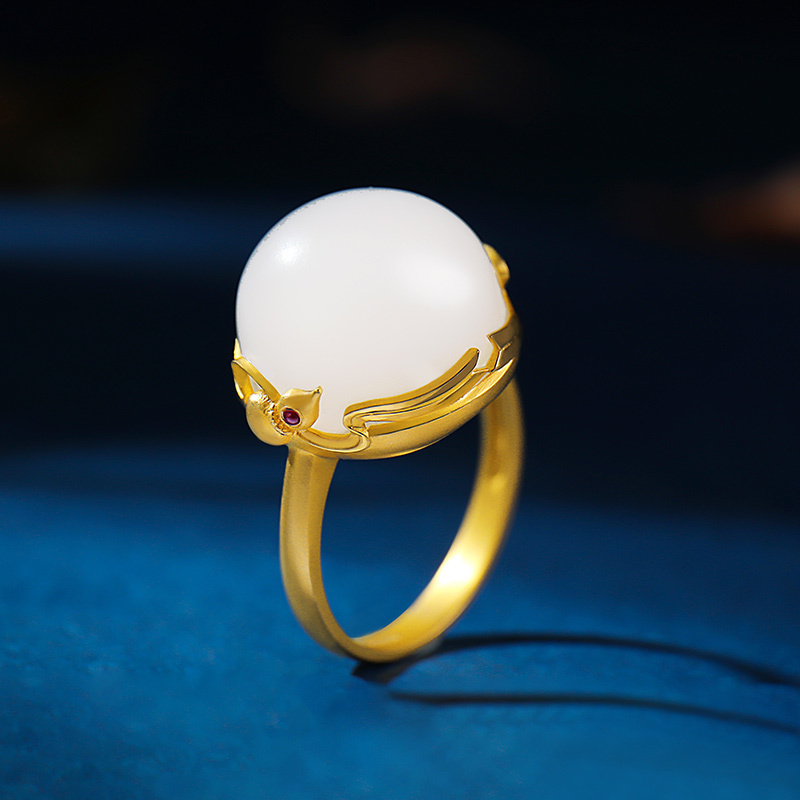 古法传承系列 18k金镶和田玉戒指 金葫芦镶白玉圆形蛋面女款孤品玉石