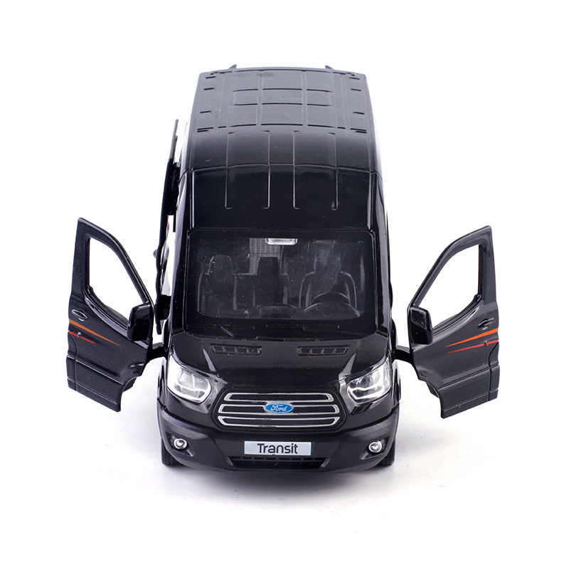 彩珀合金车侧开回力135福特全顺采访车商务车汽车模型声光玩具白色