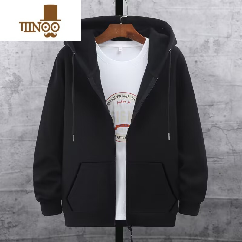 YANXU男士连帽开衫卫衣男冬季加绒休闲拉链男士运动上衣韩版外链 3XL155-170斤 开衫拉链纯黑色不加绒