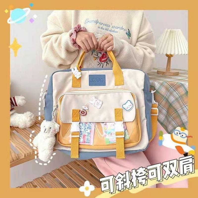 韩国ins学院风两用书包女日系可爱卡通学生森系大容量手提斜挎包 蓝色[斜跨版标准款] 裸包