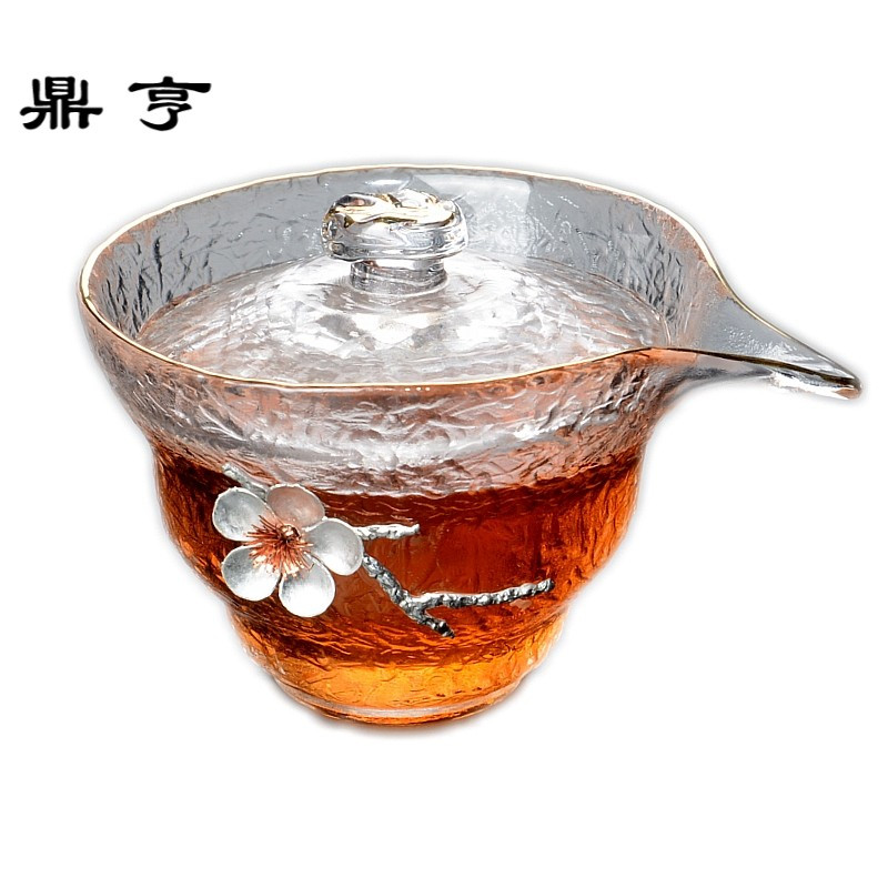 鼎亨玻璃盖碗透明防烫锡锤纹三才泡茶碗耐热大号加厚功夫茶具家用