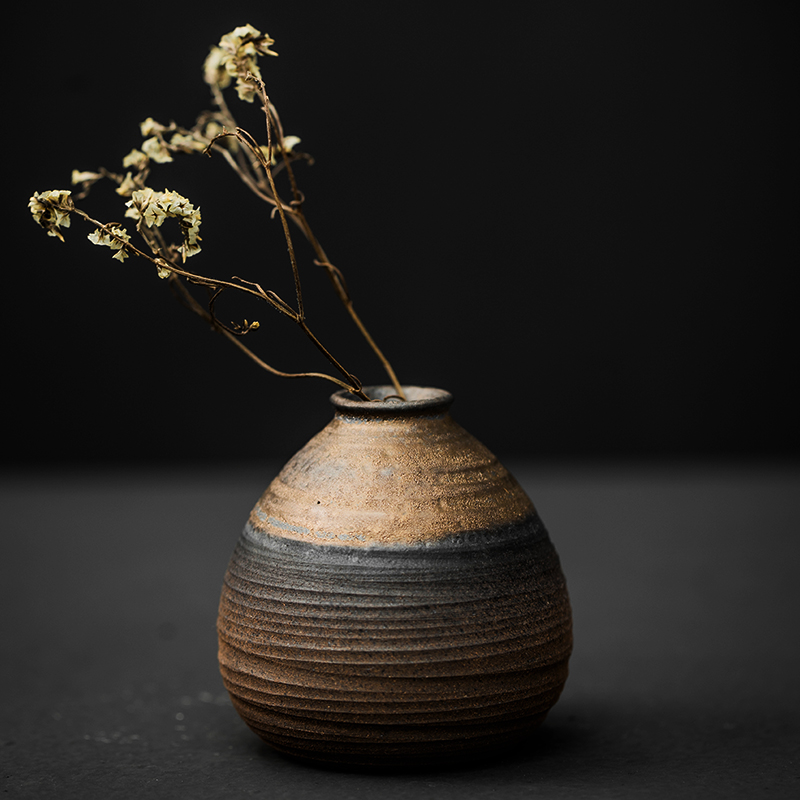 日式粗陶禅意花器手工花瓶复古陶瓷花插茶桌水培小花插工艺品摆件 三维工匠 粗陶禅意复古花器/个高清大图