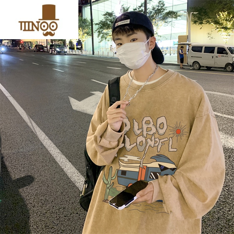 YANXU美式水洗复古T恤男士2023新款男生长袖宽松休闲上衣N高清大图