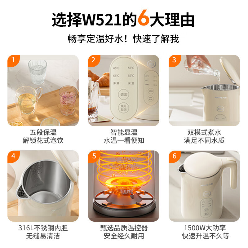九阳(Joyoung) 热水壶烧水壶电水壶1.5L 5段水温 无缝内胆 316L恒温开水壶K15ED-W521高清大图