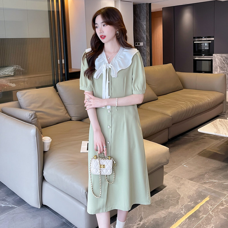 唐狮田园风夏日小清新裙子绿色连衣裙女夏季娃娃领衬衫裙女长裙q