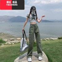 YIBUSHENG美式复古卡其色直筒工装牛仔裤女高街vibe高腰宽松百搭休闲阔腿仔 XS 草绿加长