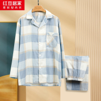 红豆居家男士纯棉长袖纱布居家服套装