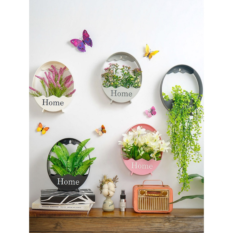 北欧花盆壁挂创意墙面装饰客厅墙壁绿植墙上仿真植物餐厅花篮挂件 灰