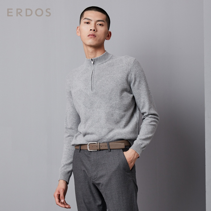 ERDOS 秋冬半高领翻花男针织衫拉链羊绒衫时尚百搭
