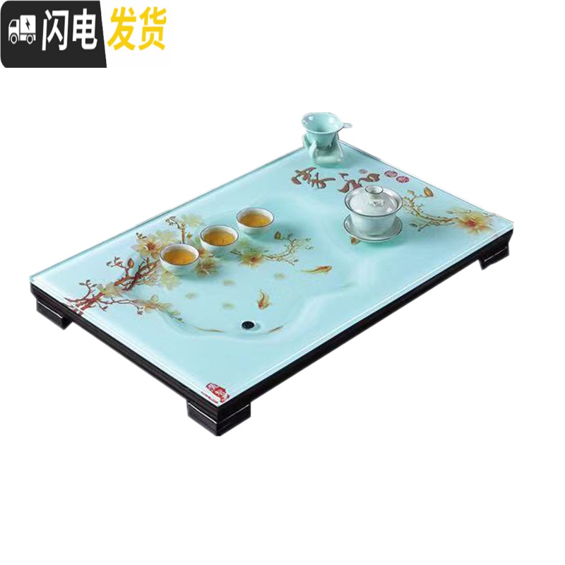 三维工匠玻璃茶盘钢化家用套装长方形大号排水式琉璃潮州功夫茶具 单茶盘(家和富贵B款)送5配件64*40高清大图