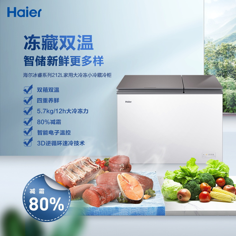海尔(Haier) 卧式冷柜 212升容量 一级能效 电子控温 直冷定频 家用双温冰柜 FCD-212XER高清大图