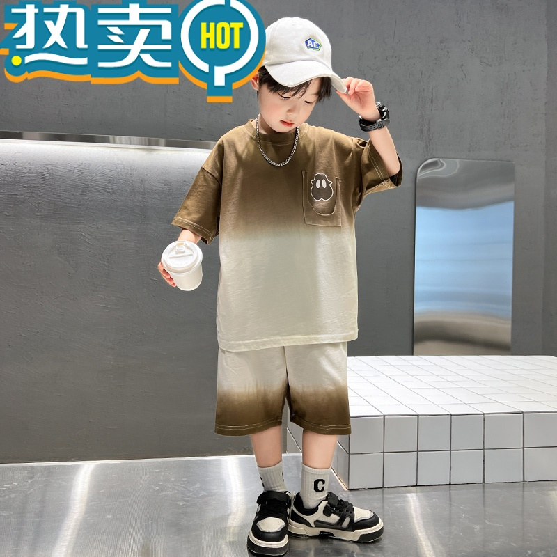绿彩虹光男童套装夏季短袖大童薄款2023新款夏儿童夏装男孩洋气帅气时髦潮