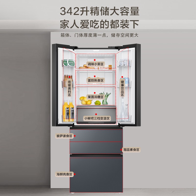 海尔 BCD-342WLHFD9DGMU1 342升 极夜灰 自动除霜 风冷保鲜 电脑控温 独立式设计高清大图