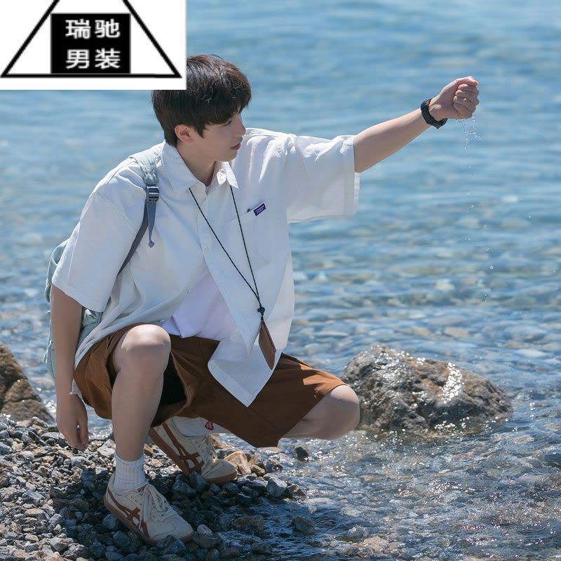 希杰狮王夏季新款复古纯色短袖衬衫男装翻领穿搭宽松休闲潮流半袖衬衣外套图片