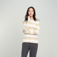 鄂尔多斯ERDOS 100%山羊绒圆领夹条羊绒衫女士针织衫毛衣
