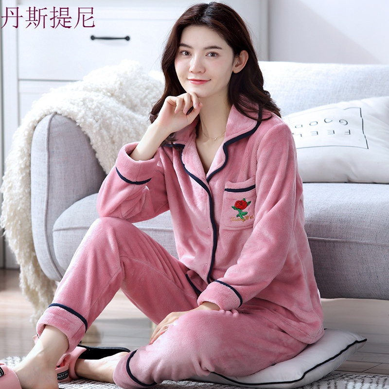 韩版法兰绒睡衣女秋冬季珊瑚绒加厚加绒春秋套装可爱大码家居服冬