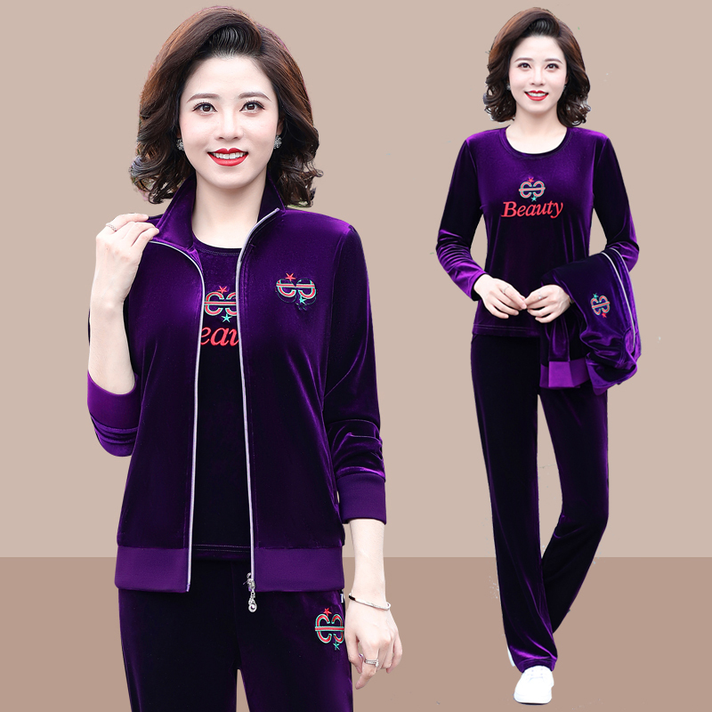 均妮春秋中年洋气金丝绒套装女中老年大码休闲运动服卫衣三件套妈妈装