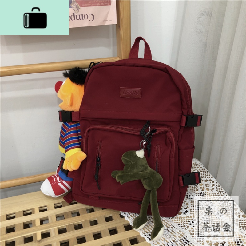 韩国ins学院风双肩包 日系原宿古着感书包女简约百搭学生旅行背包NEW LAKE 红色加青蛙挂件