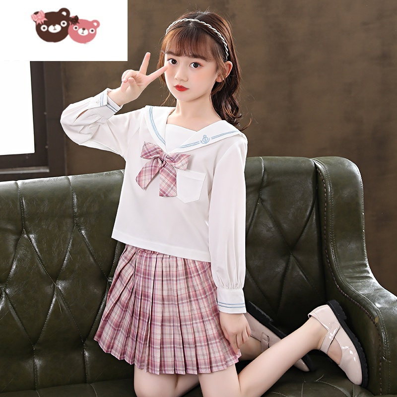 绿彩虹光女童jk制服裙子夏季小学生连衣裙儿童装学院风套装女孩百褶裙