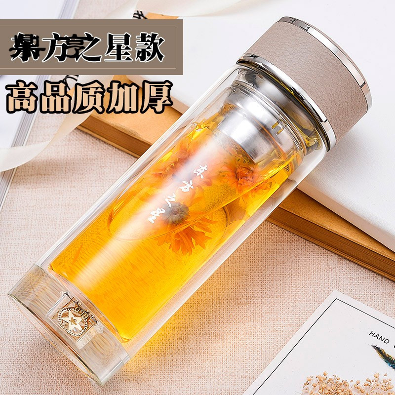 鼎亨水杯玻璃杯男女双层隔热加厚泡茶杯商务随手杯带盖水晶杯