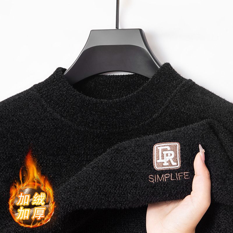 雪貂一体绒毛衣男2024冬季新款半高领加绒保暖打底男士针织衫高清大图