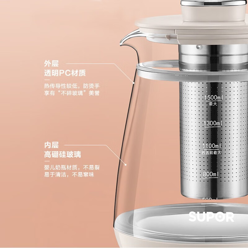苏泊尔(SUPOR)SW-15Y03 养生壶1.5L双层壶体防烫保温炖煮双全高硼硅玻璃 多功能功能:中药熬煮煮茶壶煮茶器高清大图