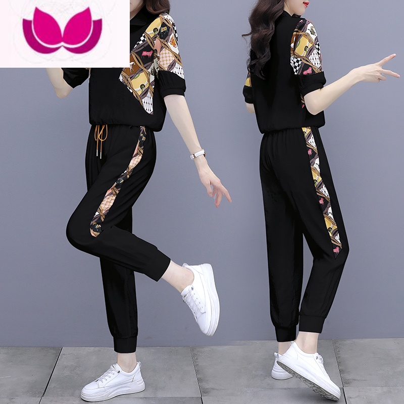 七斓冰丝休闲套装女夏季2023新款翻领时尚洋气减龄束脚裤运动服夏 4XL建议140-150斤送运费险 黑色冰丝套装LLL-656