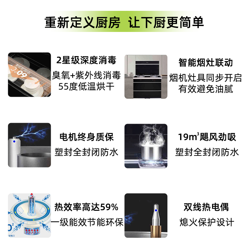 火王(Hione)90D集成灶一体灶 油烟机 燃气灶 家用二星消毒柜 4.5KW爆炒大火力 烟灶联动灶具