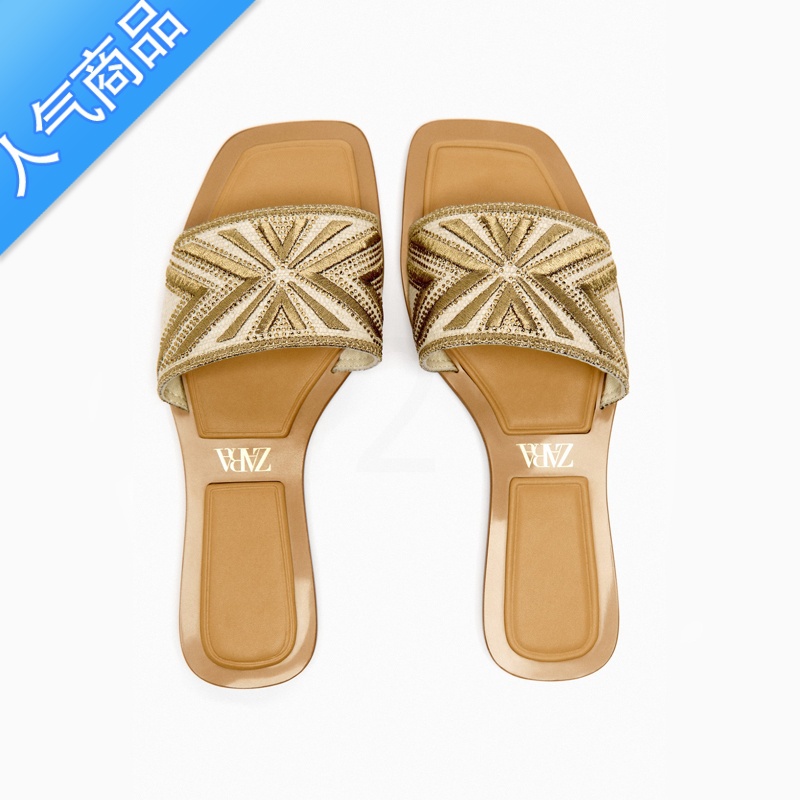 SUNTEK夏季新款女鞋金色法式复古平底凉鞋刺绣一字拖鞋女外穿沙滩凉拖高清大图