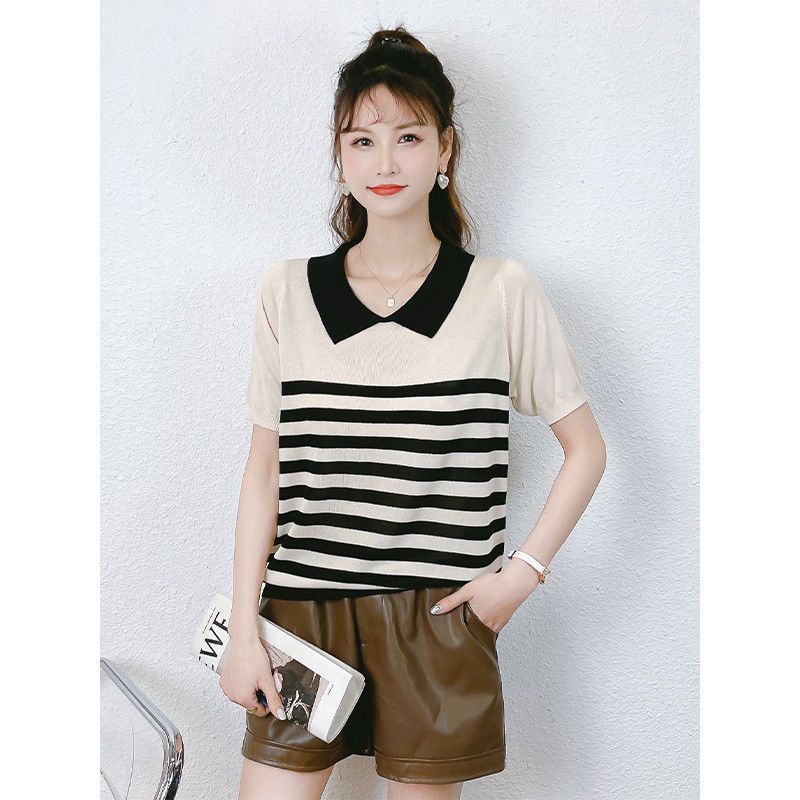 CACHE CACHE春夏新款娃娃领假两件条纹针织女经典撞色百搭T恤