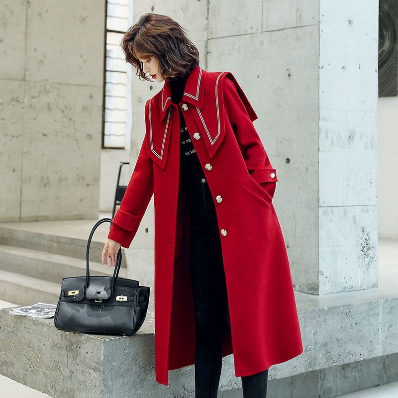 酒红色毛呢外套女秋冬装长款海军领气质赫本风呢子大衣收腰显瘦