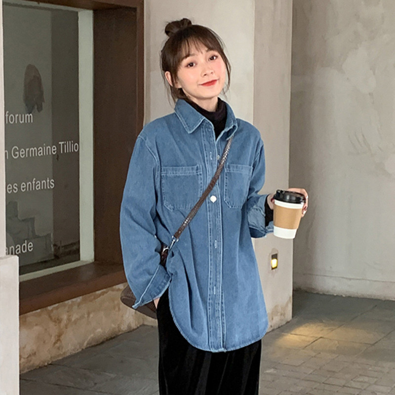 唐狮春长袖牛仔衬衫女港味复古时尚chic衬衫外套