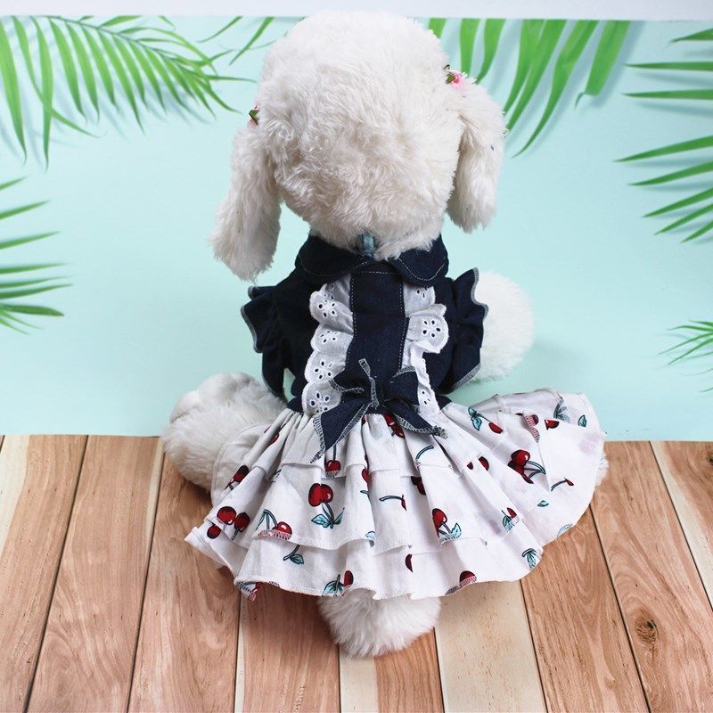 春夏宠物衣服小型犬泰迪猫咪裙子狗狗牛仔花边裙子宠物用品樱桃牛仔