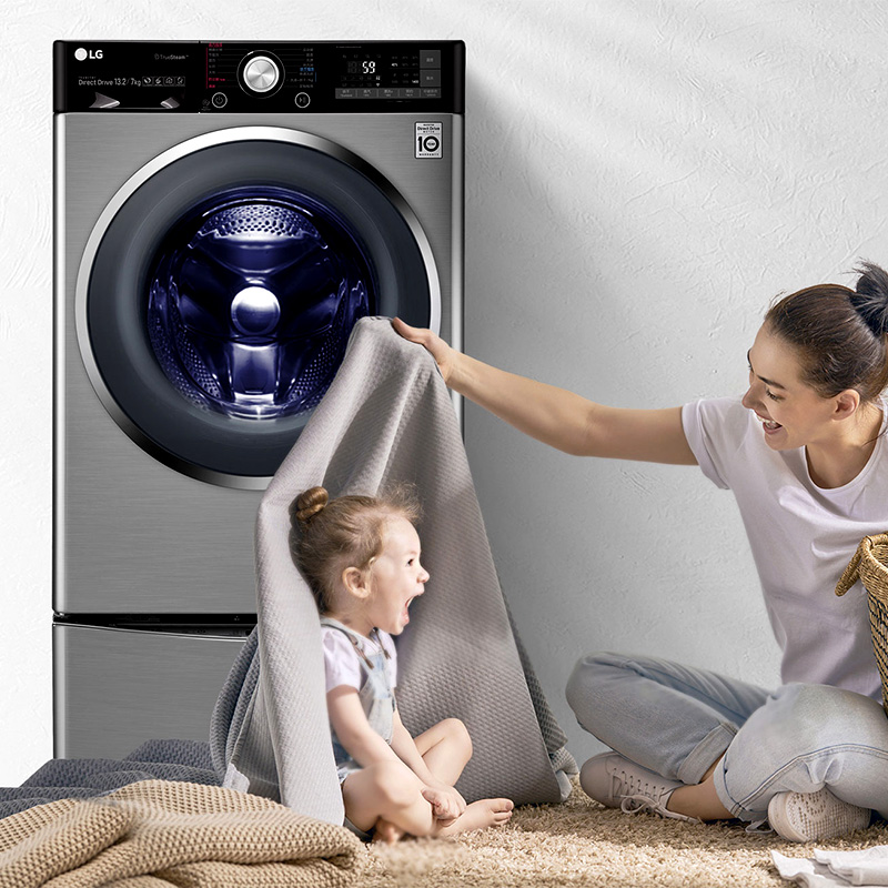 LG WDQH451B7HW 13.2公斤 碳晶银 双擎滚筒烘干小波轮一体机迷你婴儿童洗衣机全自动家用高清大图