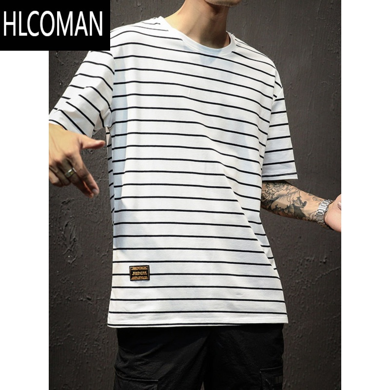 HLCOMAN日系条纹短袖T恤男款潮牌2025新款大码衣服夏季宽松男士半袖体恤